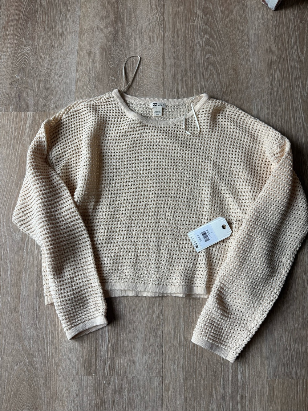 Billabong Cream Open-Weave Cropped Crewneck Sweater